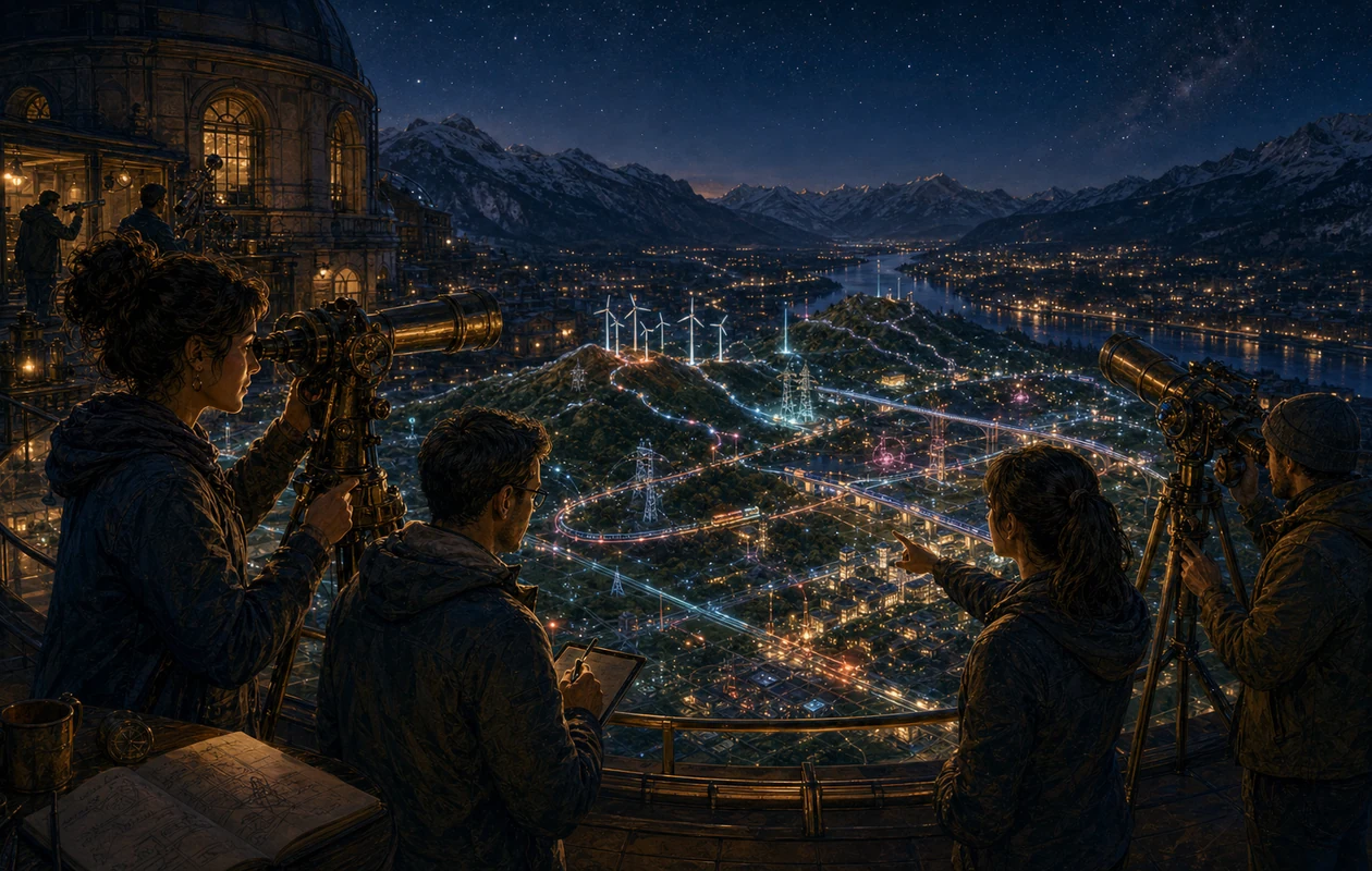 Illustration zu Splunk Observability: Bergobservatorium liest die Pulse einer Stadt