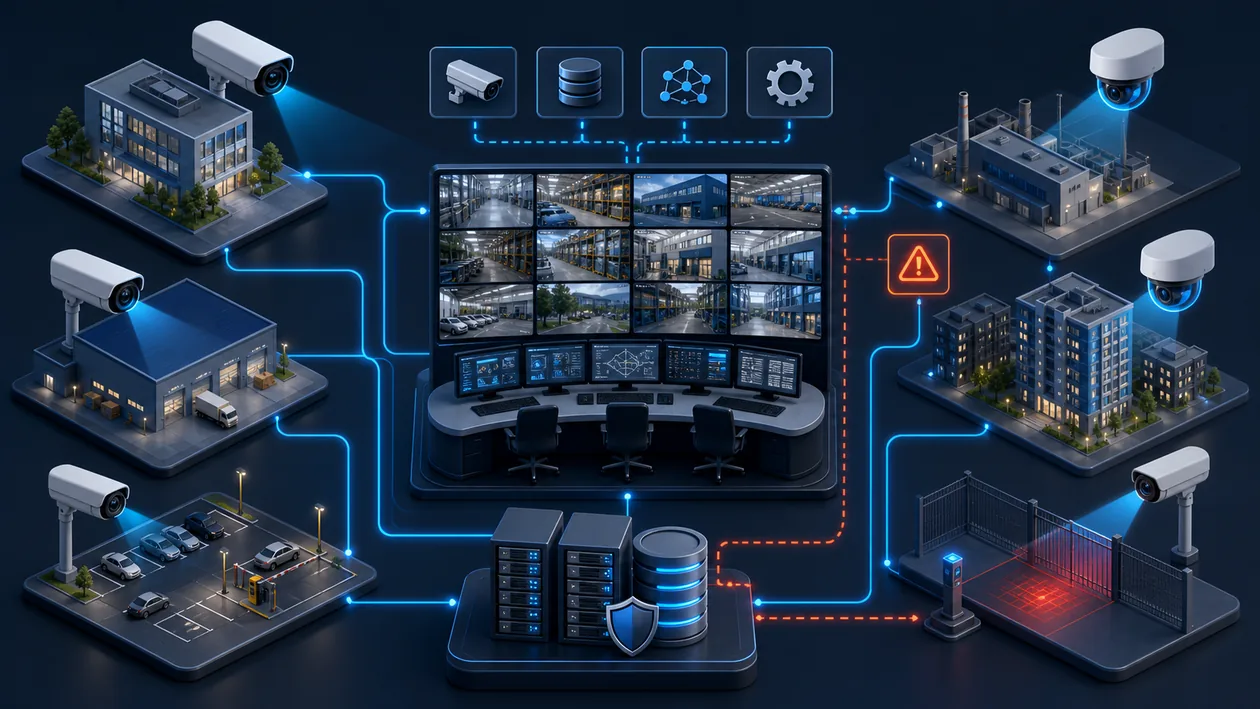 Illustration zu Milestone Systems: Kameraknoten, Videokacheln und Standortsignale laufen in einer Sicherheitszentrale zusammen
