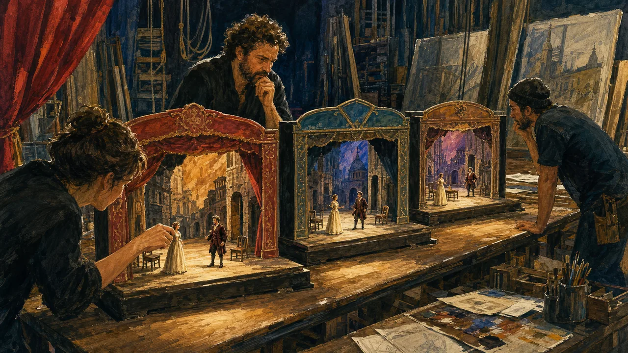 Theater crew testing the same scene across three miniature stages