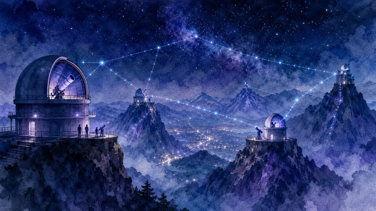 a nocturnal watercolor observatory with synchronized peaks