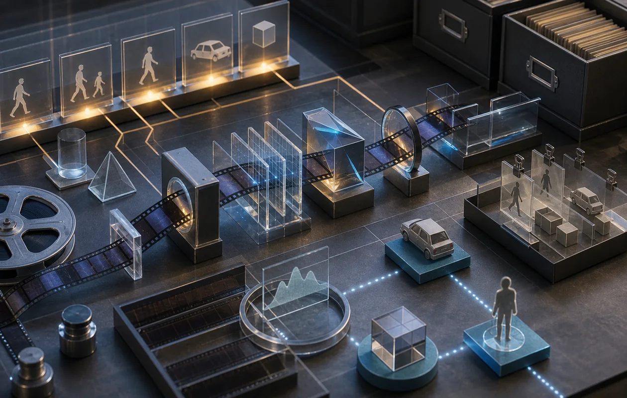 Illustration zu IBM Watson Video Analytics: Filmstreifen laufen durch optische Analyse-Stationen