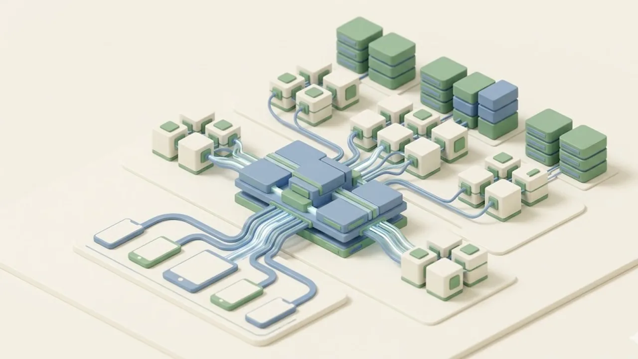 Illustration zu AWS AppSync: eine serverlose API-Schaltzentrale verteilt Anfragen zwischen mobilen Geräten und Datenquellen