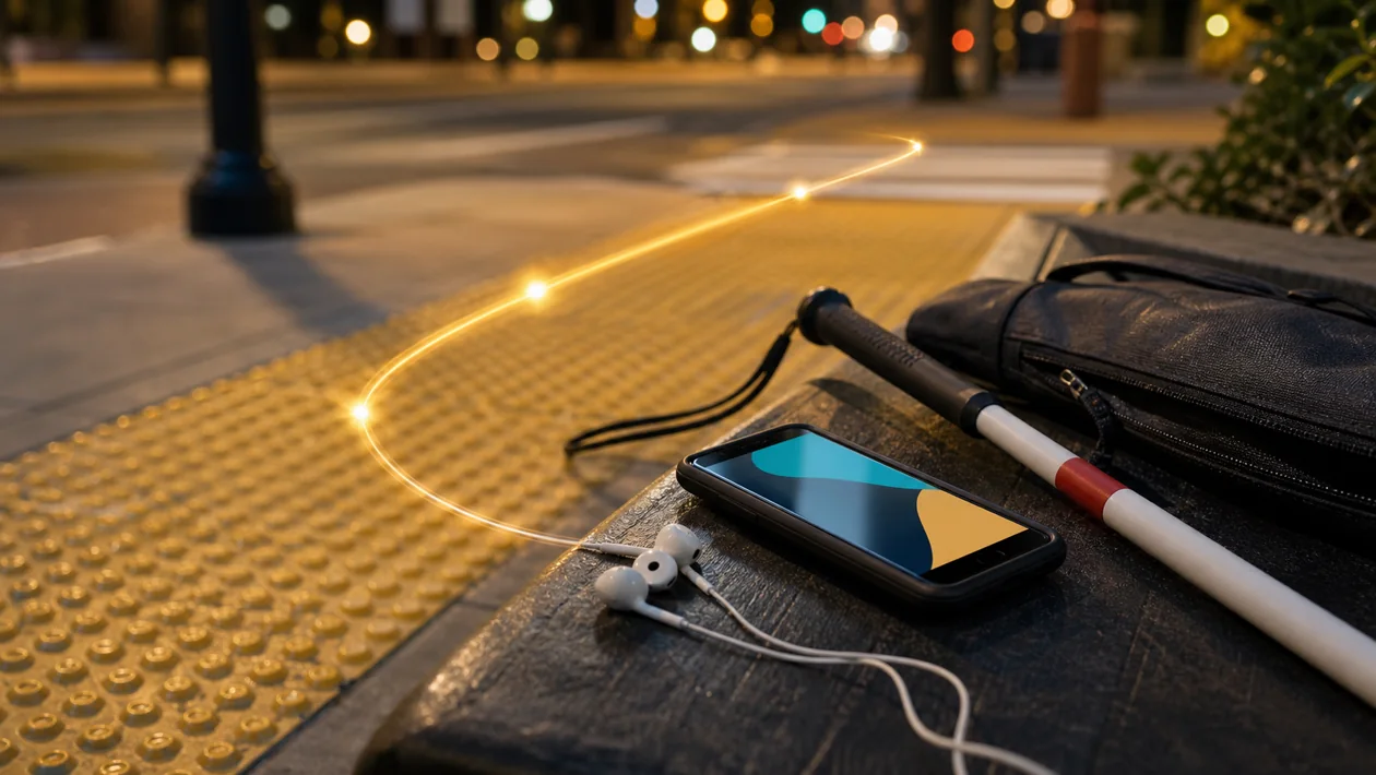 Illustration for Aira: a smartphone camera connects a white cane with spoken orientation paths through a city