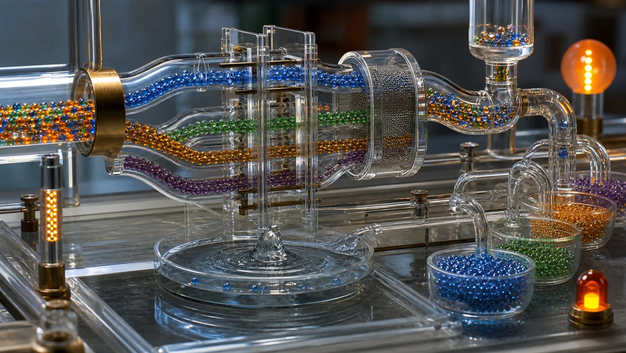 Glass channels carry colorful events through several analytics and output stations