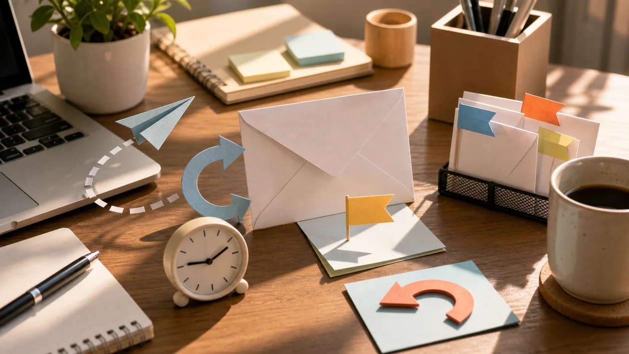 Envelopes circle a clock and return as scheduled follow-up messages to a Gmail inbox