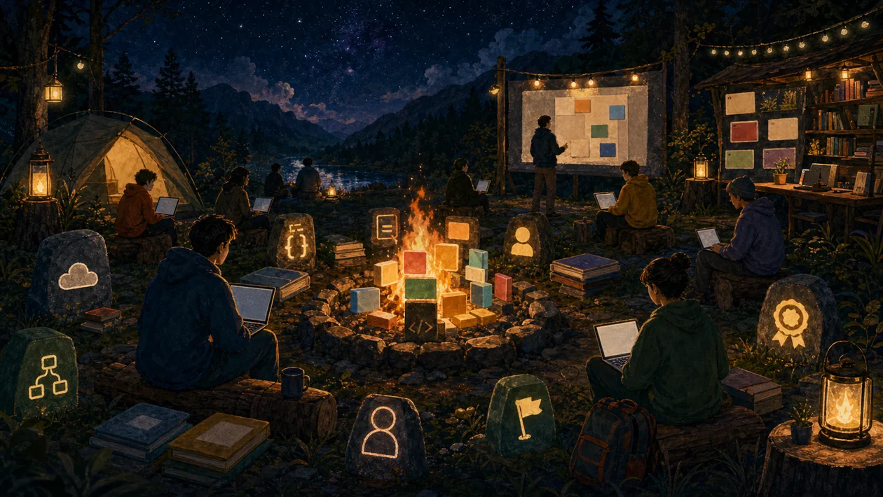 Illustration zu freeCodeCamp: Lerncamp mit Projektkarten, Codebloecken und Meilensteinen