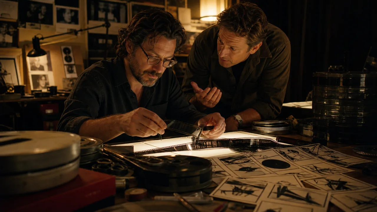 an editing room with film on a light table and directorial collaboration