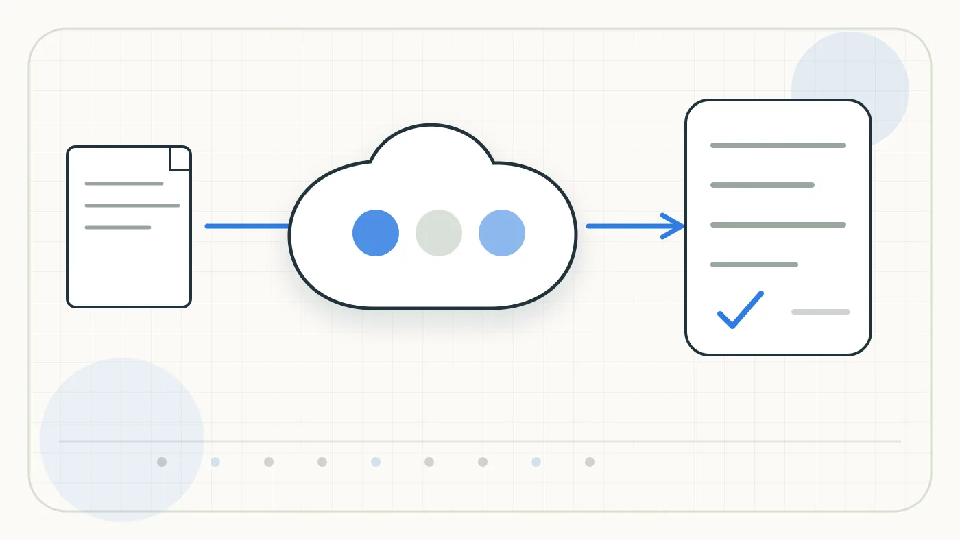 Illustration zu Google Document AI: technische Prozessgrafik für Dokumenteingang, OCR, Validierung und Export