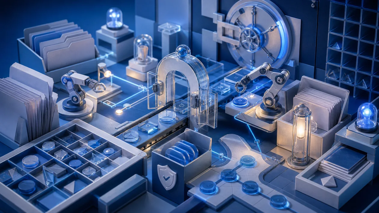 Blue process nodes connect queues, digital workers, and human approvals in an automation control room