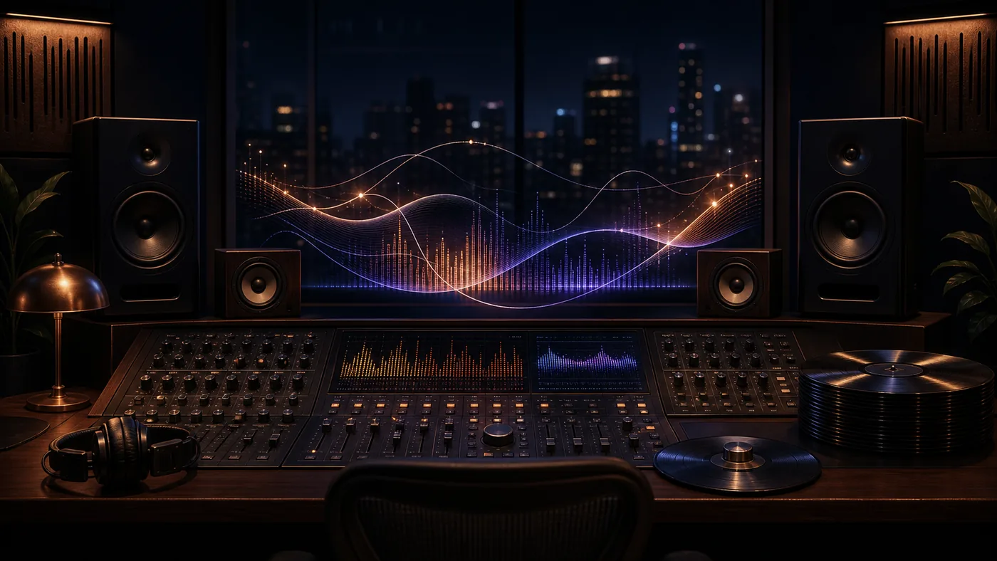 Illustration zu AudioMaster: Mastering-Studio mit Pegeln, Klangkurven und Monitorboxen