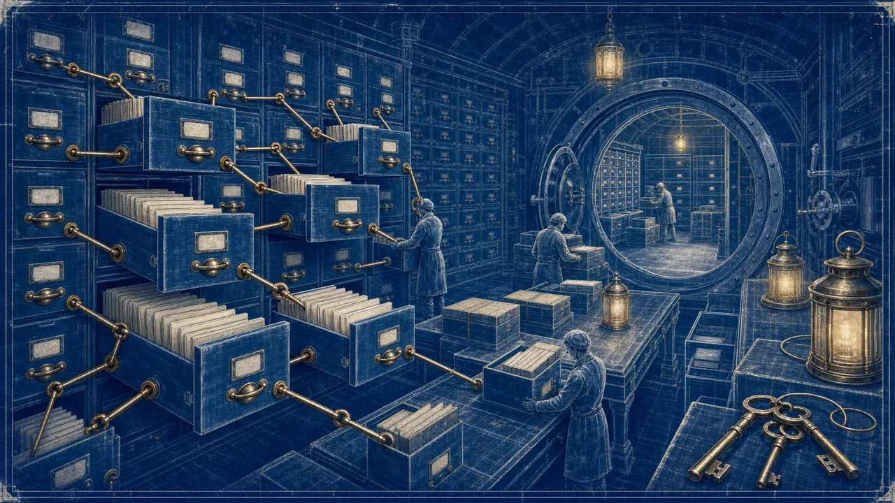 Cyanotype archive vault with linked relational record drawers