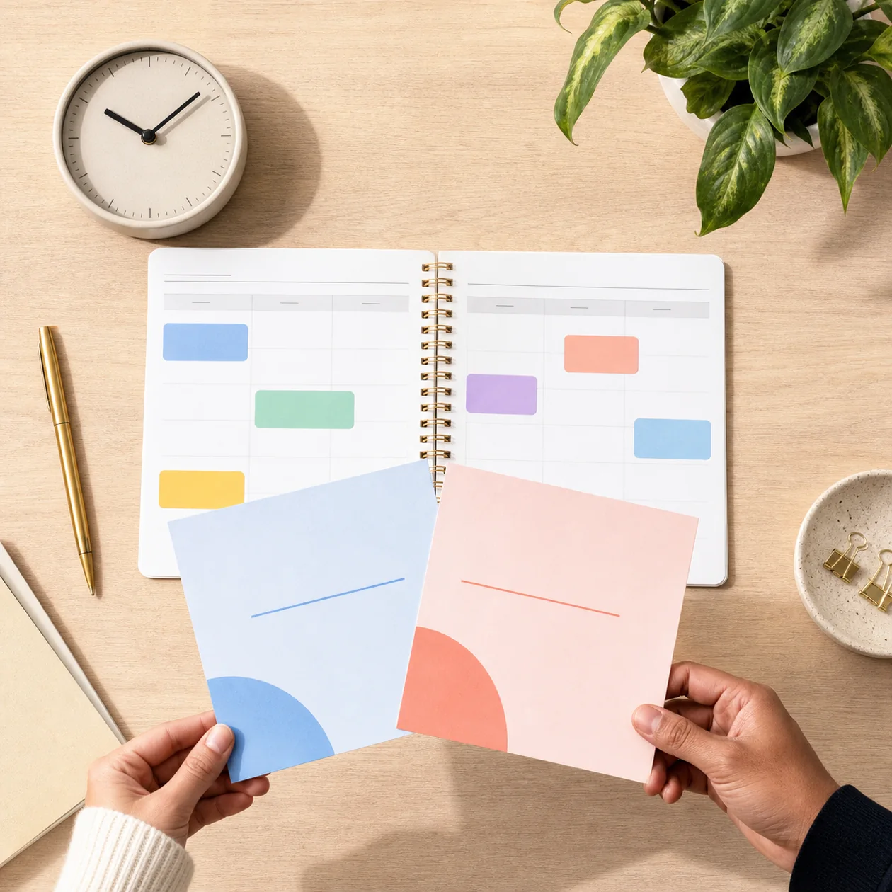 Planner with colorful appointment blocks, a clock, and invitation cards on a booking board