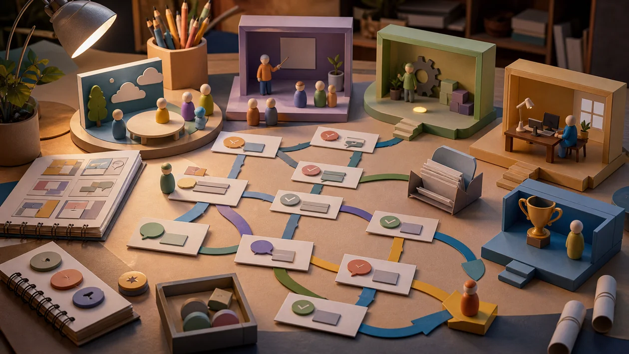 Illustration zu Articulate Storyline: Szenenboxen, Entscheidungspfade und Quizmarken formen ein verzweigtes Training