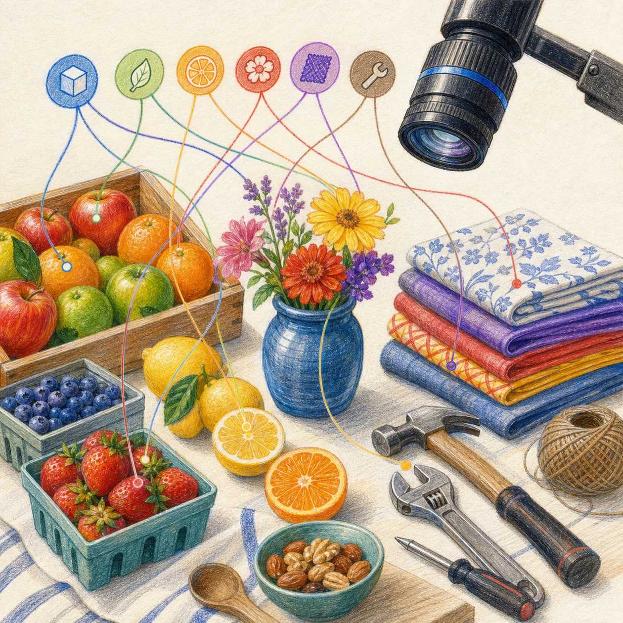Illustration for Clarifai: a camera lens organizing objects on a market table