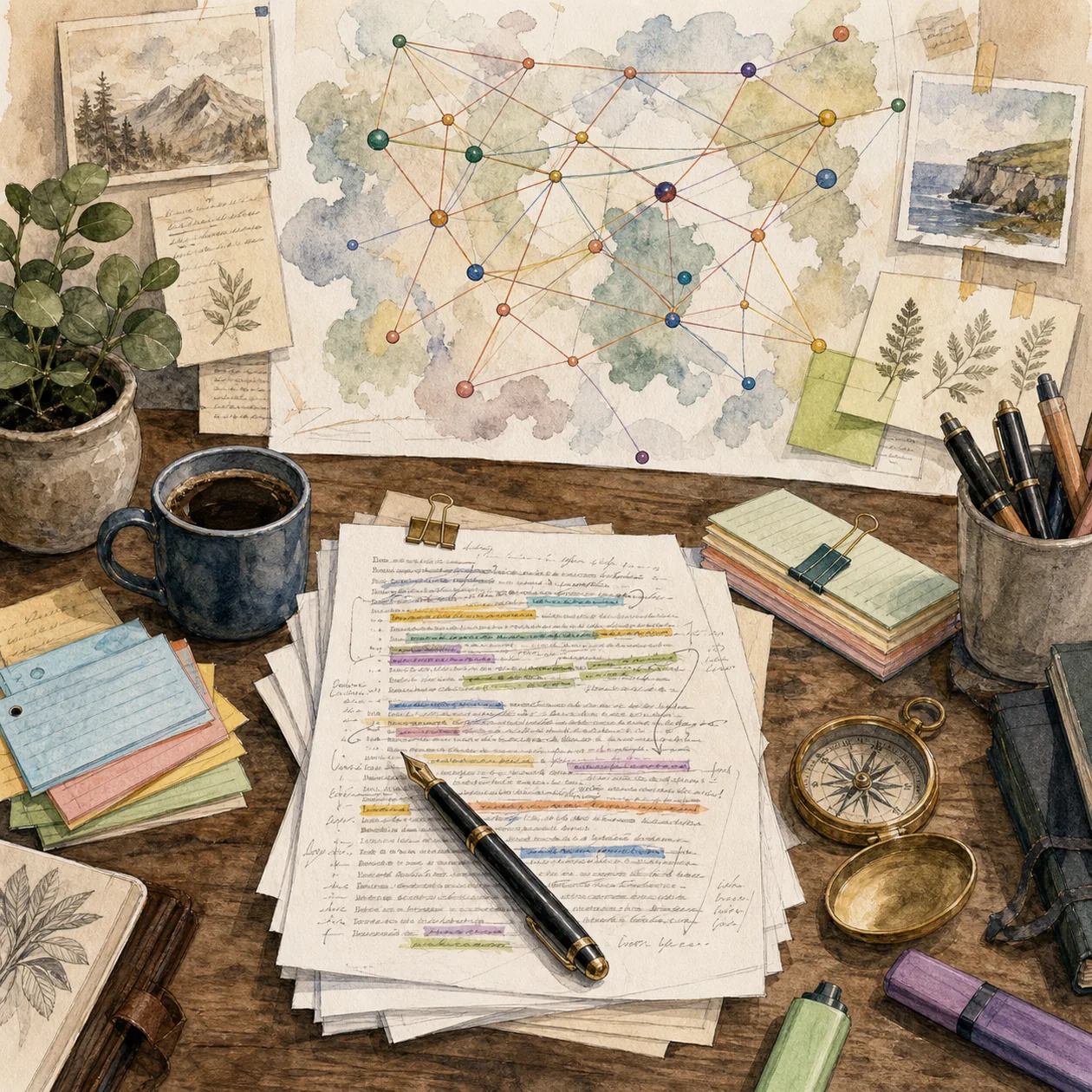 Illustration for Clearscope: editorial desk with a content map, highlights, and topic links